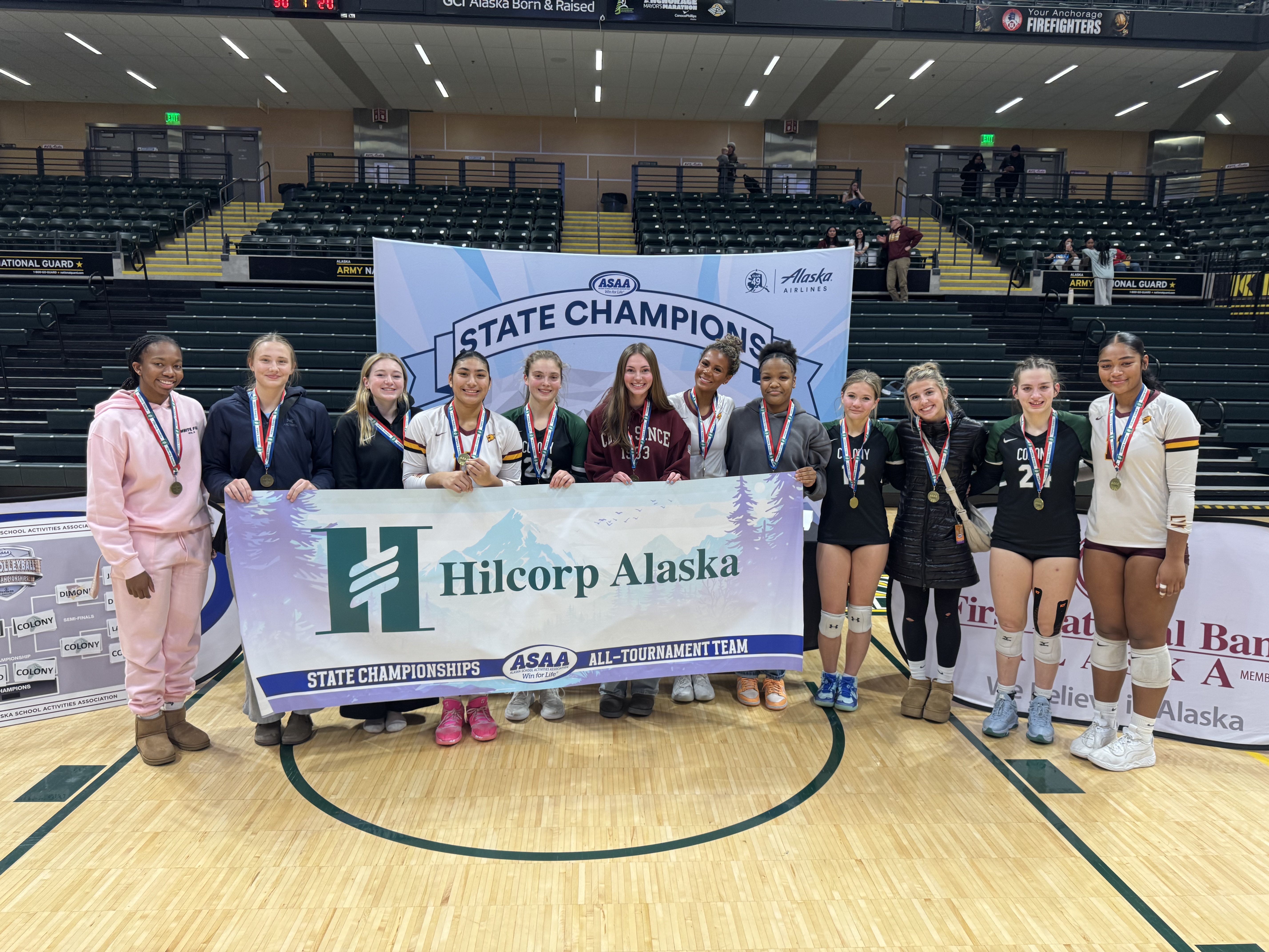 2025 ASAA State Volleyball All-tournament team Ally, Emily and Taylor