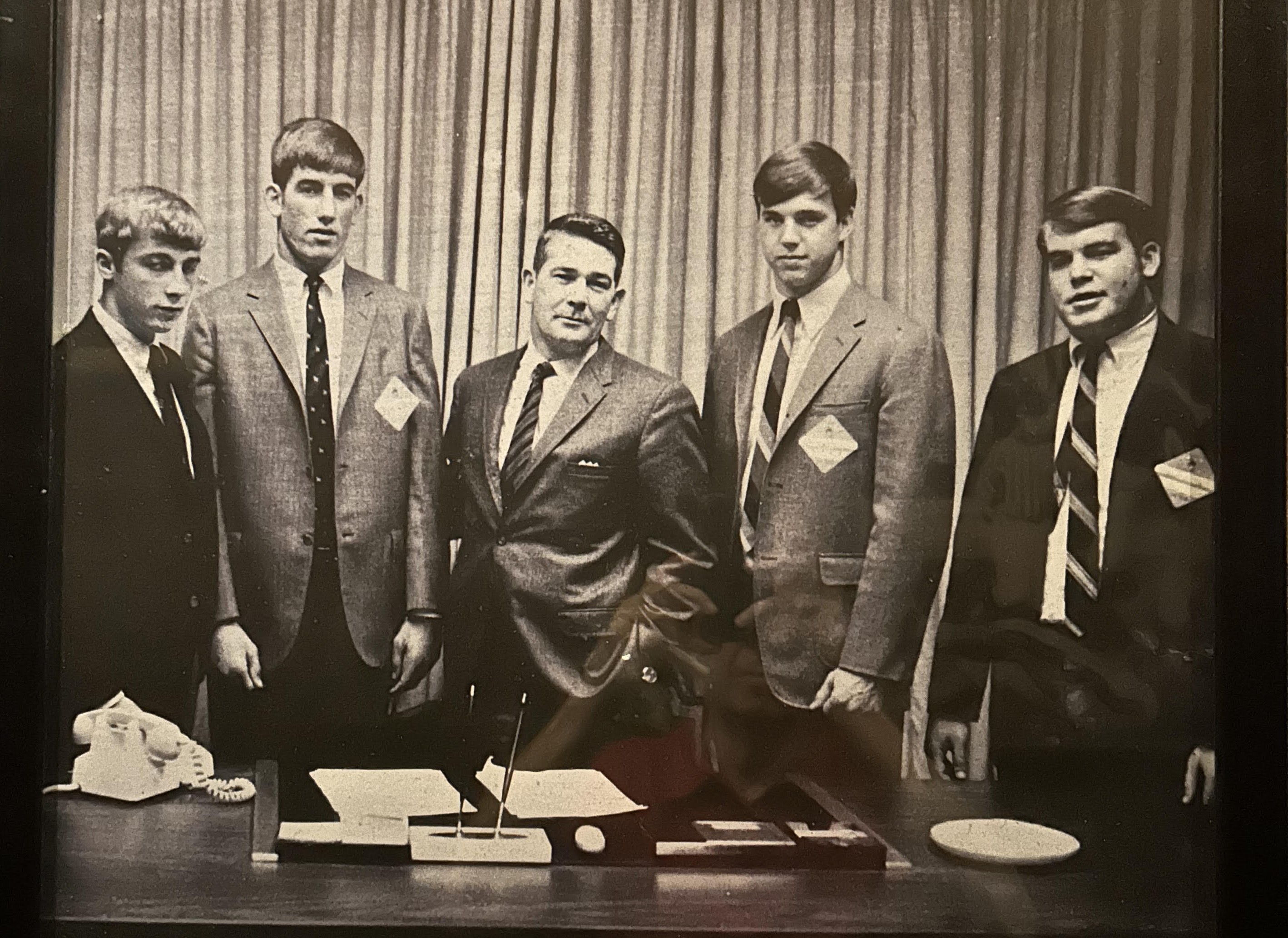 Joe Pelt, Jim Arnett, Steve Morgan, and Dave McCarty - all St. Pius state champion football players from 1968 team and all receiving scholarships at Ga Tech, standing  with Ga Tech head coach Bud Carson.